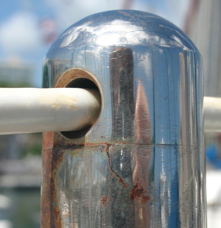 Crevice corrosion cracks near top of stanchion